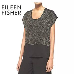 Eileen Fisher Crep Silk Sequin Rivulet Black Cap Sleeve Cocktail Blouse Top Tee